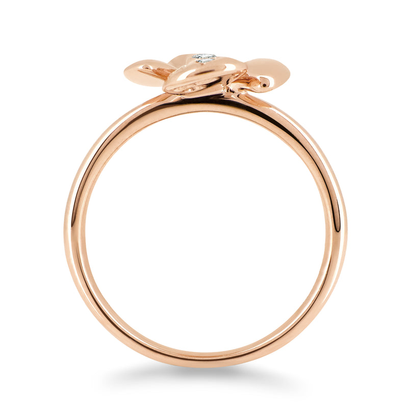 Begonia Flower Shaped Ring with a Diamond centre-stone. Handcrafted in 18K Rose Gold and Round Brilliant Diamonds. 
