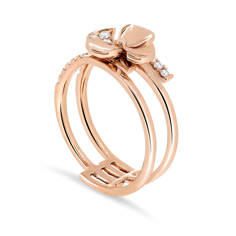 Begonia Flower Shaped Ring with four tier band. Handcrafted in 18K Rose Gold with Round Brilliant Diamonds. 