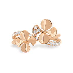 Double Begonia Flower Shaped Ring Handcrafted in 18K Rose Gold with a Round Brilliant Diamond Curve Band.