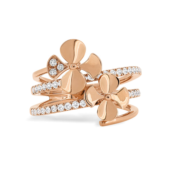 Four tiered 18K Rose Gold Ring with two Begonia flowers and round brilliant diamonds. 