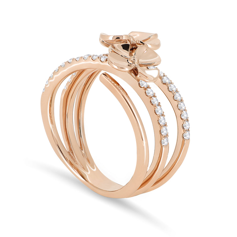 Four tiered 18K Rose Gold Ring with two Begonia flowers and round brilliant diamonds. 
