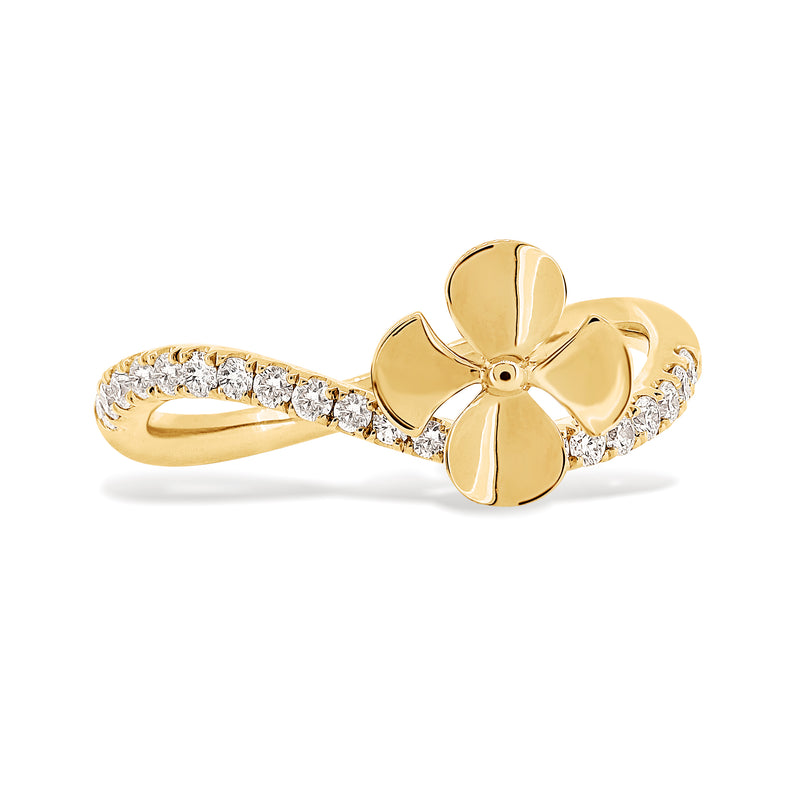 Begonia Flower Shaped Ring Handcrafted in 18K Yellow Gold with a Round Brilliant Diamond Curve Band.